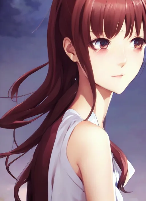 Image similar to 3 / 4 view of a portrait of cute makise kurisu from steins gate, confident pose, pixie, elegant, sharp focus, illustration, highly detailed, concept art, matte, trending on artstation, anime, art by wlop and artgerm and greg rutkowski, ilya kuvshinov, strong strokes, photo of