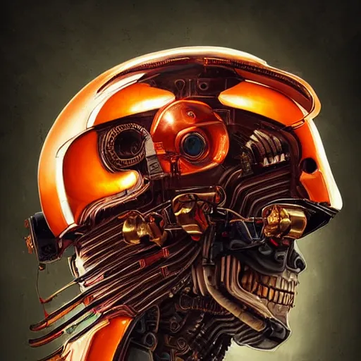 Image similar to a portrait of an cyborg vintage skull no teeth in an orange racing helmet by sandra chevrier, detailed render, epic composition, cybernetics, 4 k realistic, cryengine, realistic shaded lighting, sharp focus, masterpiece, by matteo scalera, gary montalbano, peter elson in the style of the tokyo ghost comic