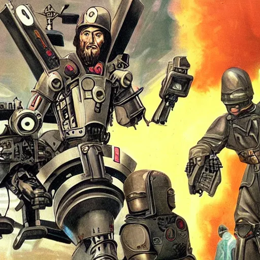 Image similar to Jesus in a mech suit fighting Hitler in a mech suit, Jesus is clearly winning, the devil is in the corner crying in the fetal position