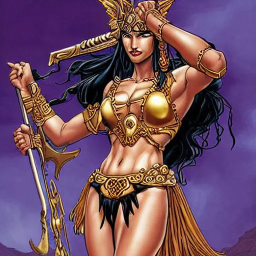 Image similar to greek amazon warrior, a tall beautiful dignified woman with bronzed skin, long raven hair and golden dressed in hellenistic greek armour, symmetrical face, detailed features, intricate, elegant, highly detailed, smooth, sharp focus, detailed face, high contrast, graphic novel, art by michael choi and joe madureira,