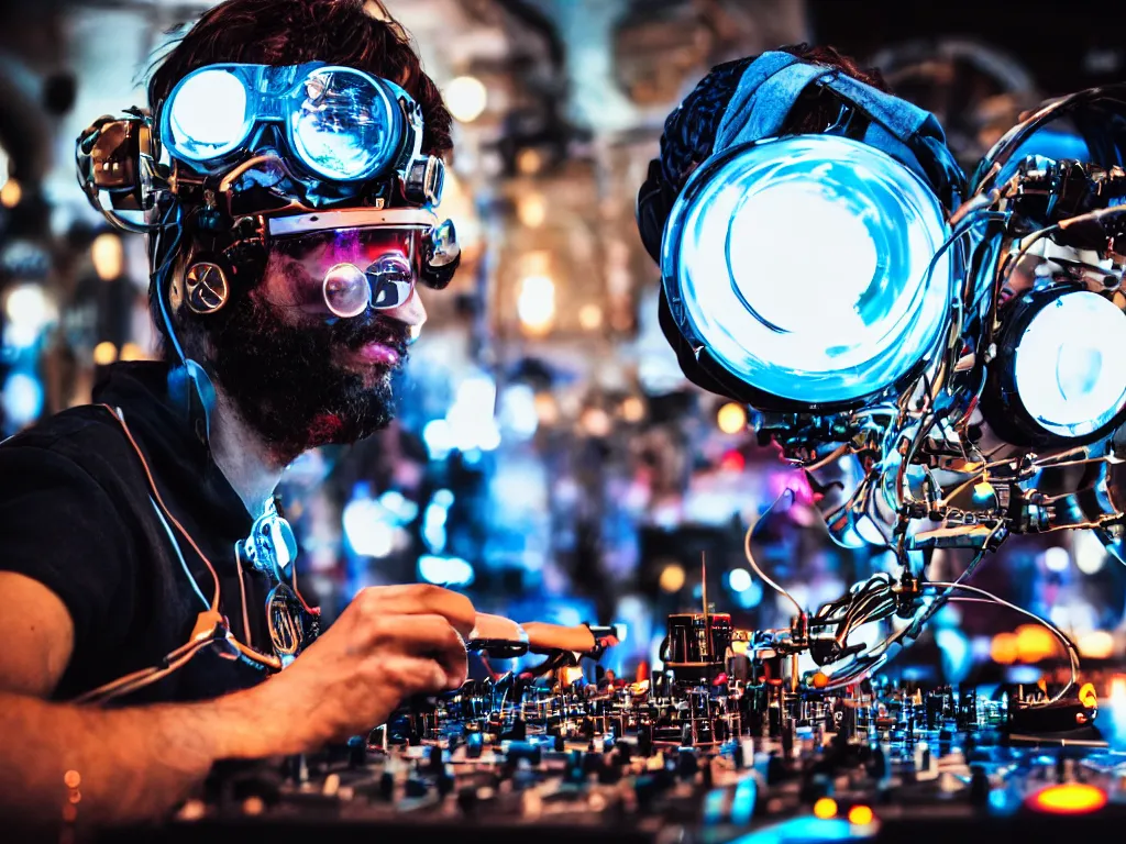 Image similar to a person wearing goggles and visor and headphones using a steampunk record player contraption, wires and tubes, turntablism dj scratching, intricate planetary gears, cinematic, imax, sharp focus, leds, bokeh, iridescent, black light, fog machine, hazy, lasers