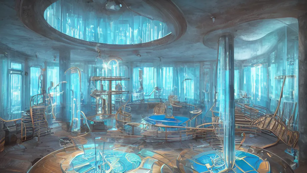 Prompt: interior view of Wizard's tower, peaceful interior design, aquamarine colors, nixie tube-interior-lighting, playground-view, peaceful-design, bright, style of Modernism, 4k, wide-perspective, grand-composition, concept-art, highly-detailed, sublime, dramatic, cinematic, octane