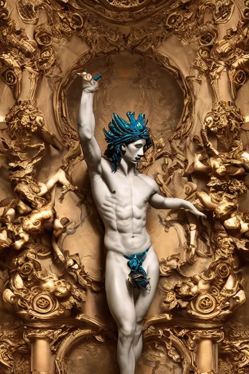 Image similar to a young handsome Spanish prince in a full-body bronze baroque and cyberpunk style statue of Icarus posed like a bird, crown of peach roses, flowing teal-colored silk, fabric, flowers. baroque elements, human skull. full-length view. baroque element. intricate artwork by caravaggio. many many birds birds on background. Trending on artstation, octane render, cinematic lighting from the right, hyper realism, octane render, 8k, depth of field, 3D