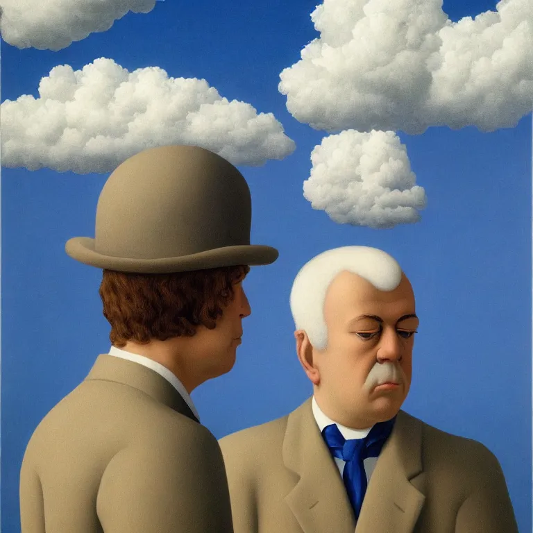 Image similar to portrait of a man made out of clouds, by rene magritte, detailed painting, hd, hq, high resolution, high detail, 4 k, 8 k