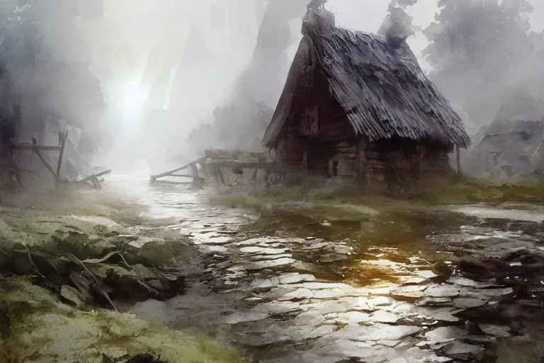 Image similar to paint brush strokes, abstract watercolor painting of rustic village, water mill stone, viking age, fog, ambient lighting, art by hans dahl, by jesper ejsing, art by anders zorn, wonderful masterpiece by greg rutkowski, cinematic light, american romanticism by greg manchess, creation by tyler edlin