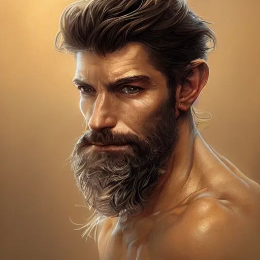 Image similar to portrait of a ruggedly handsome paladin, soft hair, muscular, half body, leather, hairy, d & d, fantasy, intricate, elegant, highly detailed, digital painting, artstation, concept art, smooth, sharp focus, illustration, art by artgerm and greg rutkowski and alphonse mucha