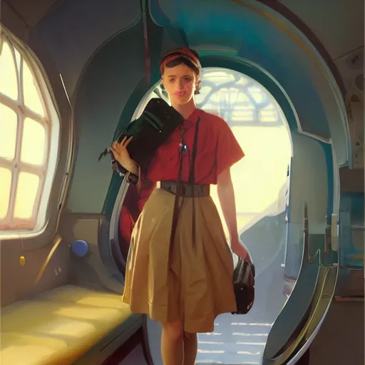 Prompt: sargent and leyendecker and greg hildebrandt, portrait of young russian girl taking the metro, stephen bliss, unreal engine, fantasy art by greg rutkowski, loish, rhads, ferdinand knab, makoto shinkai, ilya kuvshinov, rossdraws, global illumination, radiant light, detailed and intricate environment