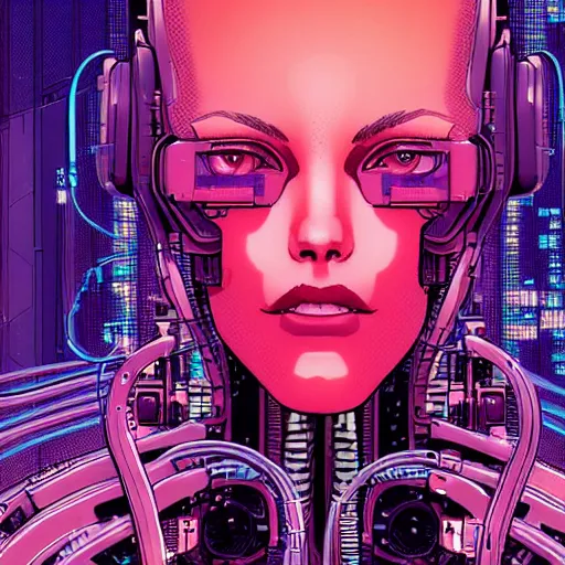 Image similar to a portrait of a beautiful cybernetic woman connected to a synthesizer from hell, wires, cyberpunk concept art by josan gonzales and enki bilal