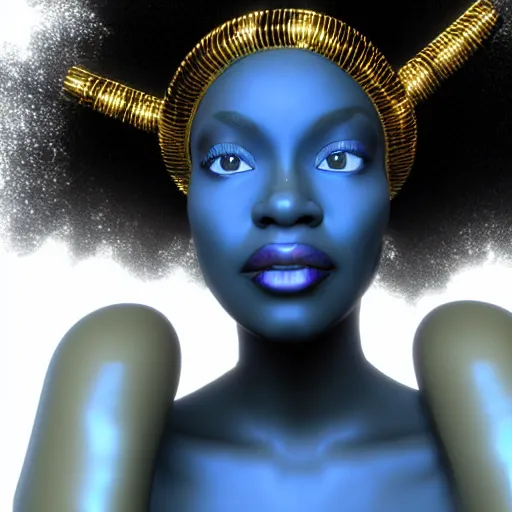 Prompt: a close up picture of a dark skinned afrofuturism dynamic romantic goddess with blue and black lighting in the style of octane 3D