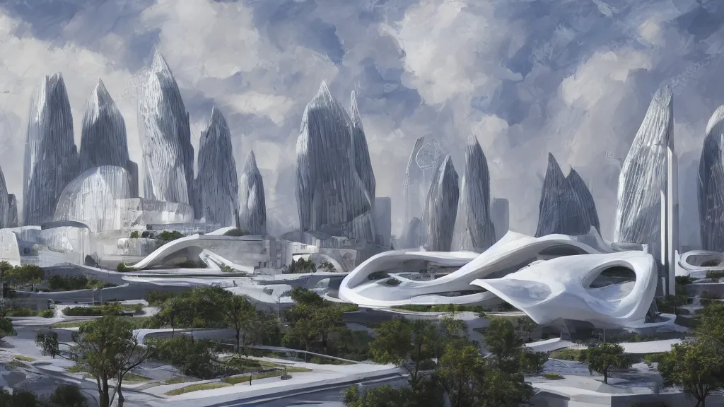 Prompt: utopian city made out of glistening, white marble, nature backdrop, mountainous, fusion between historical and modern futuristic architecture, zaha hadid, rome, minimalism 4k, oil painting