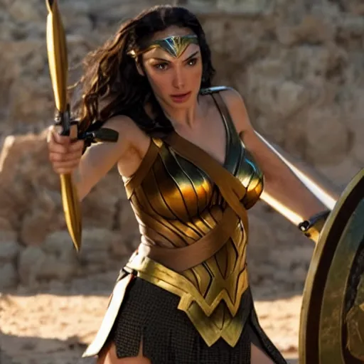 Prompt: the greek goddess athena in battle, scene from live action movie, starring gal gadot