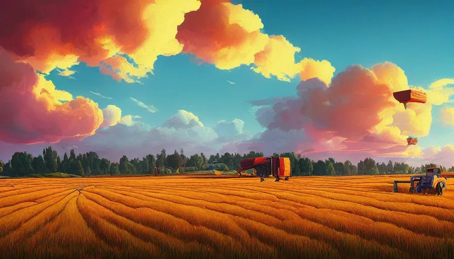 Image similar to colourful sky, wheat field, harvesting machines, big tree, matte painting, art station, digital art, simon stalenhag