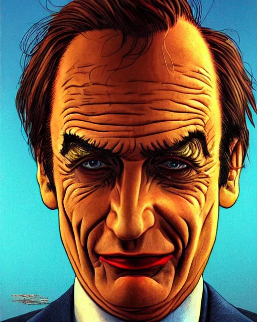 Prompt: portrait of saul goodman as the joker, illustration, art by jean giraud and peter elson