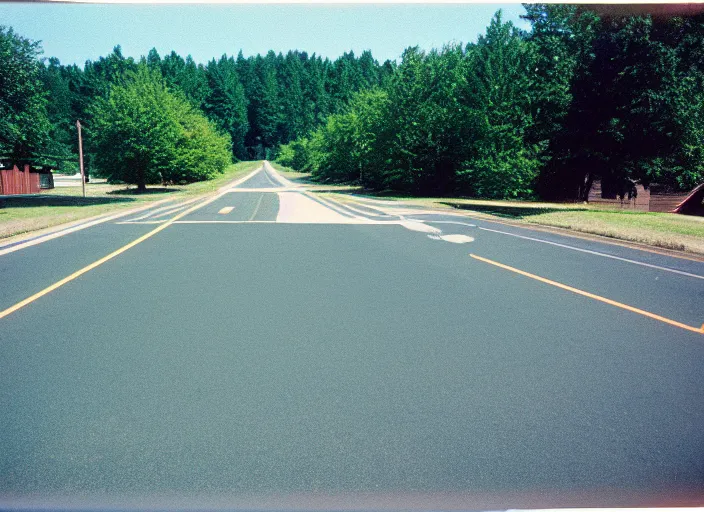 Image similar to A disposable camera picture of an empty street in a small rural American suburb, Kodak Fling 200, 1983