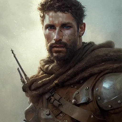 Image similar to Portrait of a rugged ranger marching toward the viewer, male, muscular, blue eyes!!!!, straight nose!!!, detailed face, exposed thighs!!!, fantasy, medieval, highly detailed, painting by greg rutkowski