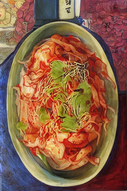 Image similar to kimchi, korean spicy fermented cabbage, by jerry pinkney