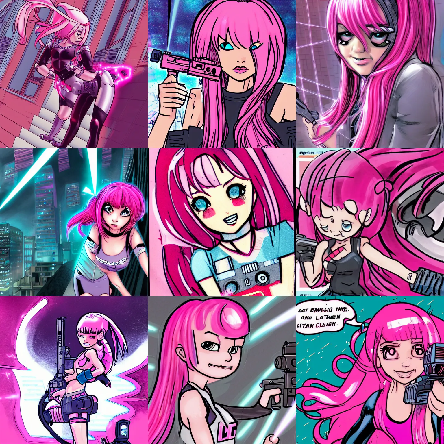 Prompt: comic book drawing of a pink haired girl in a twin tail with a pale skin shooting a building with laser beam. Trending on art station. Marvel comics. High detail.