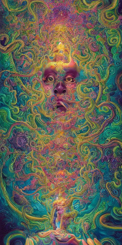 Prompt: a beautiful acrylic painting of deep psychedelia portraying universal consciousness of the infinite by hanna yata, geenss archenti flores, ben ridgway, intricate, elegant, highly detailed, digital painting, artstation, concept art, ambient occlusion, vray render,