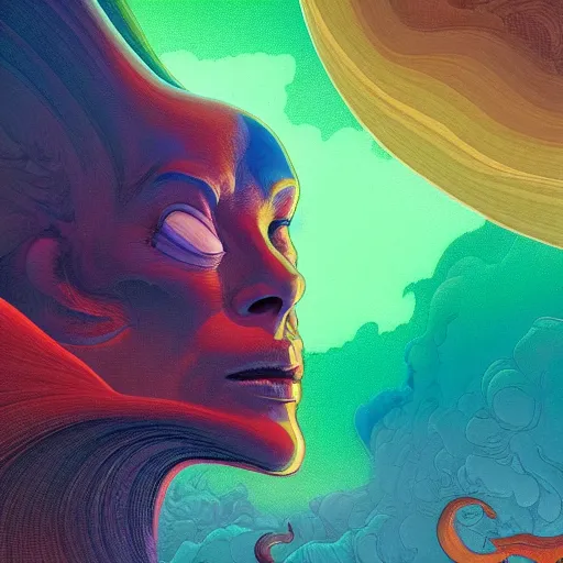 Image similar to colourful breathtakingly weird beautiful powerful magical wonderfully majestic beautifully cool character closeup by michael whelan and moebius and beeple and dan mcpharlin and pascal blanche and jamie hewlett and richard dadd, symmetrical, extreme close up with a serene expression, magical stormy reflections, smoke on water, 8 k artstation