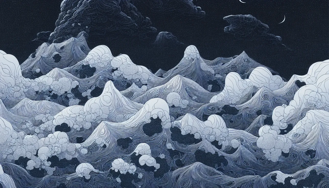 Image similar to clouds beneath mountain peaks by nicolas delort, moebius, victo ngai, josan gonzalez, kilian eng