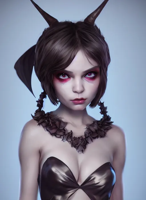 Image similar to beautiful fashion cute imp demon female strapless dress, character portrait in the style of thomas river and artgerm, wlop, cinematic lighting, hyperdetailed, 8 k realistic, symmetrical, global illumination, radiant light,, frostbite 3 engine, cryengine, dof, trending on artstation, digital art, chanel