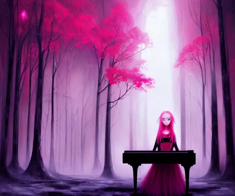 Prompt: a painting of a beautiful face gothic girl, pink hair in a stunning red wedding dress playing a piano in the dark snowy forestby yoshitaka amano and alena aenami, cg society contest winner, retrofuturism, matte painting, apocalypse landscape, cityscape