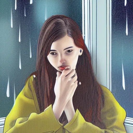 Image similar to girl sitting nearby a windowing, rainy outside, detailed, very fine face, strong lighting, by artists.