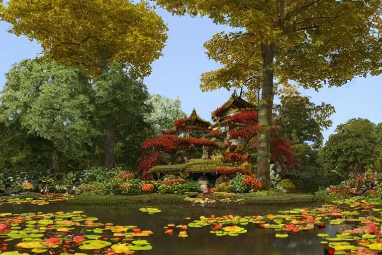 Prompt: A lovely overgrown temple in a pond full of lily pads with autumn!!! trees overhead and blue aberrant skies, trending on artstation, 4k, 8k, 3D!!! still!!! illustrated and reimagined by Max Hay, yellow dappled lighting, eye-level view!!, artstation 3d, artstation render, artstation 3d render, 3d art, unreal engine 3d, octane 3d, blender 3d, 3d landscape, photorealistic imagery, photorealistic details, intricate, highly detailed, fisheye!!!! view!!!!, lens distortion!!!!, chromatic!!!! aberration!!!!