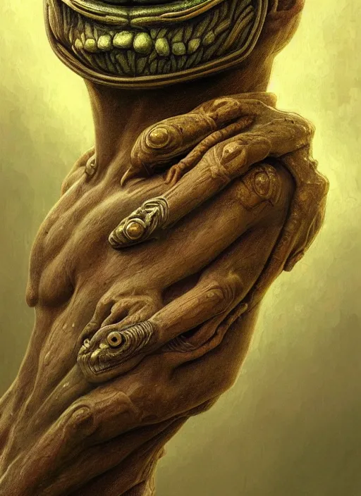 Prompt: 4 chan pepe, ancient god kek, sad, portrait, intricate, elegant, highly detailed, digital painting, artstation, concept art, wallpaper, smooth, sharp focus, illustration, art by h. r. giger and artgerm and greg rutkowski and alphonse mucha