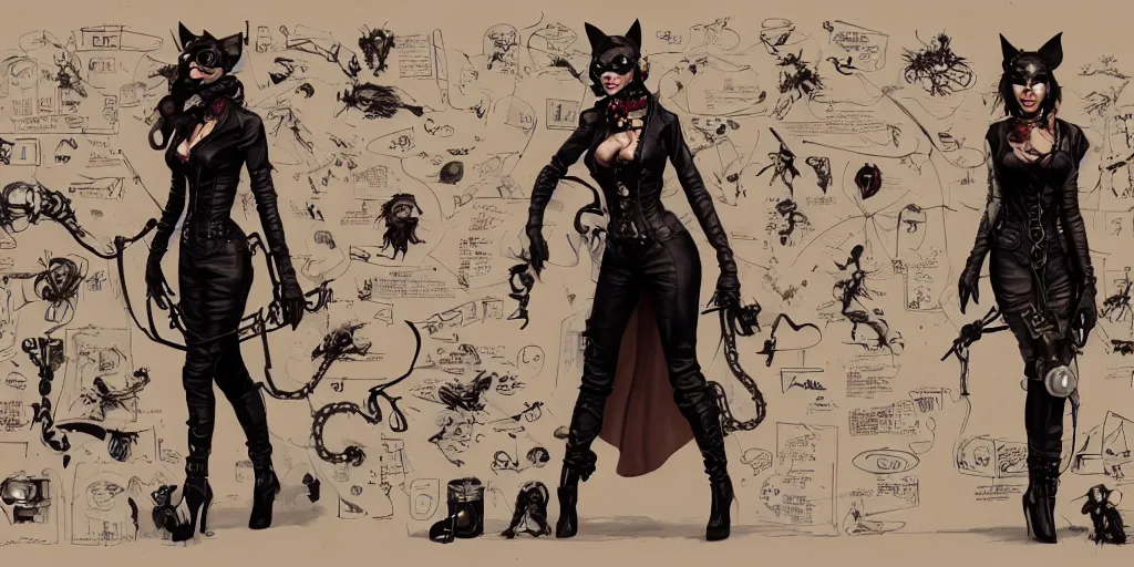 Image similar to steampunk catwoman, character sheet, concept design, contrast, kim jung gi, greg rutkowski, zabrocki, karlkka, jayison devadas, trending on artstation, 8 k, ultra wide angle, pincushion lens effect