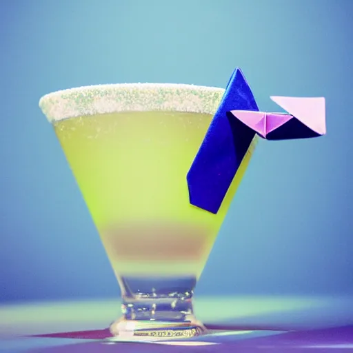 Image similar to a 3 d rendered movie still, 4 k, wide - angle medium - shot. on top of a bar, a blue hawaiian martini martini next to a small origami bird. a dart board on a wall in the background. it's happy hour, high - energy. imax, 7 0 mm dramatic lighting, digital art, photorealistic, ultra detail blade runner