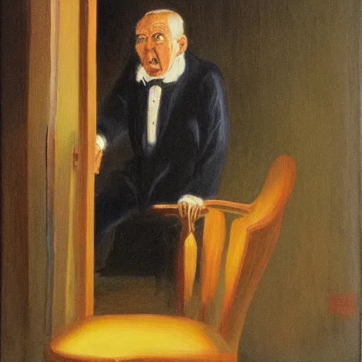 Prompt: angry old man in chair inside a dark house, painting by by ralph grady james, jean christian biville