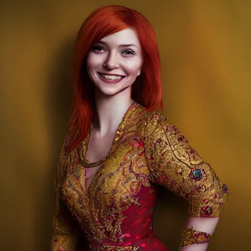 Image similar to Highly detailed painting of a beautiful young woman in front of a fabric background with red hair, smiling by Craig Mullins, Fabric texture, dress, gold details, gemstone, Golden thread, golden details, emeralds, intricate details, intricate patterns 4k, 8k, HDR