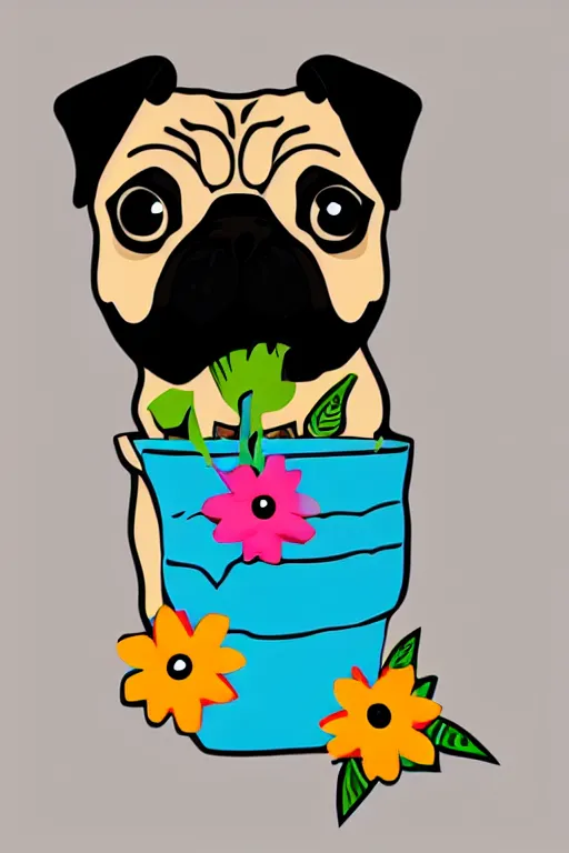 Image similar to pug eating flower. art by samantha mash, sticker, colorful, illustration, highly detailed, simple, smooth and clean vector curves, no jagged lines, vector art, smooth