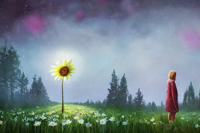 Prompt: huge daisy flower over head, girl walking in forest, surreal photography, dark night, stars, moon light, impressionist painting, clouds, digital painting, artstation, simon stalenhag