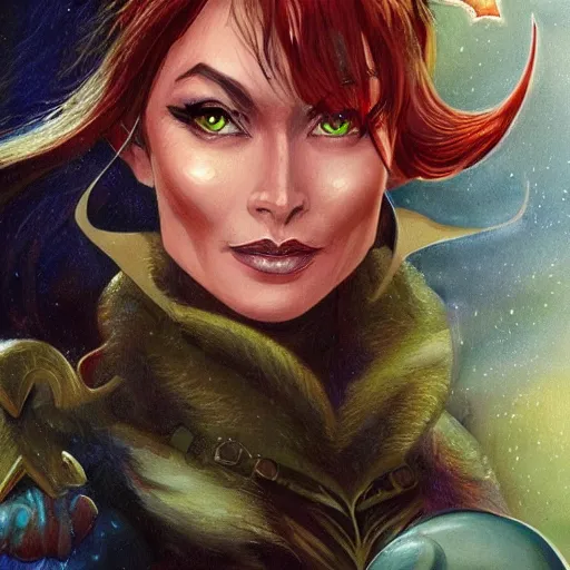 Image similar to Character portrait, face close up: Half Elf Female Celestial Warlock (with imp familiar). Tori Amos avenging angel. In the style of Ralph Horsley