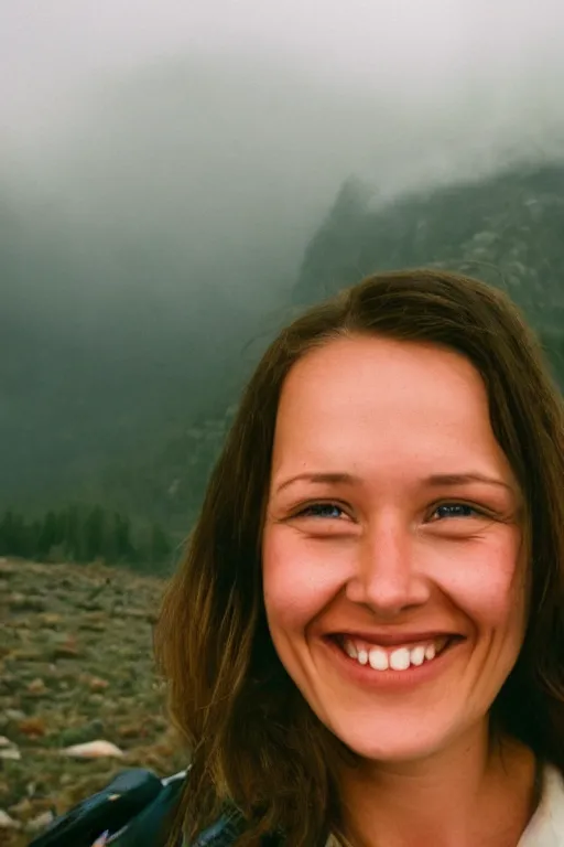 Image similar to film still, extreme close-up, woman smile, fog, mountains in distance, 35mm