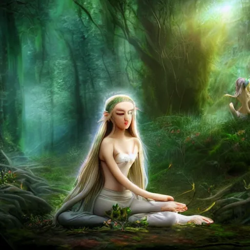 Image similar to elven princess meditating in forest, magical flowers, surrounded by fairies, beautiful face, wisps, surreal, surrealist art, photo, trending on artstation, ultra detailed, intricate, sacred geometry, serene, beautiful, photo, realistic, perfect, smooth, light shafts, light diffusion, chromatic aberration, moebius, by moebius, peter mohrbacher