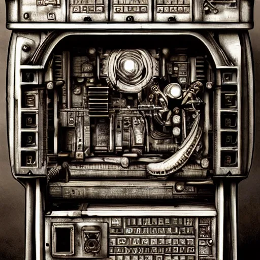 Image similar to Steam computer in ancient time, highly detailed, highly realistic, artstation, by Hans Giger