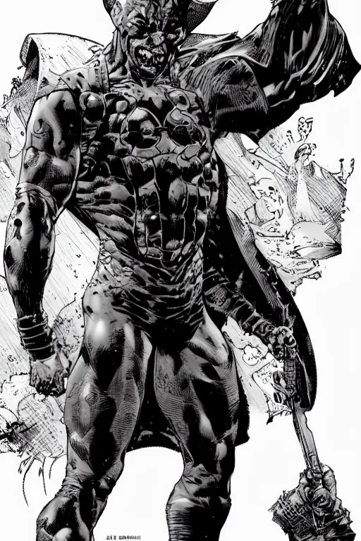 Prompt: A full body portrait of a new antihero character standing on the ground art by Marc Silvestri and Jim Lee, trending on artstation, ominous, mysterious