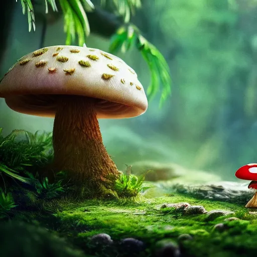 Image similar to Intricate detailed illustration, A small and happy humanoid mushroom frolicking in a lush tropical jungle, 🍄 , cinematic lighting, by Philip Hood, wide angle, volumetric light scattering, 8k, artstation, concept art,