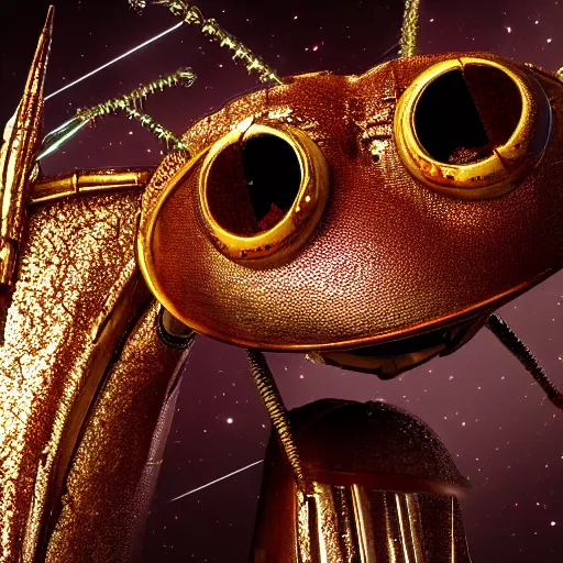 Image similar to a insect alien with a very detailed armour covered in blood eyes of gold sparkles cinematic high quality, sharp, unreal engine 5