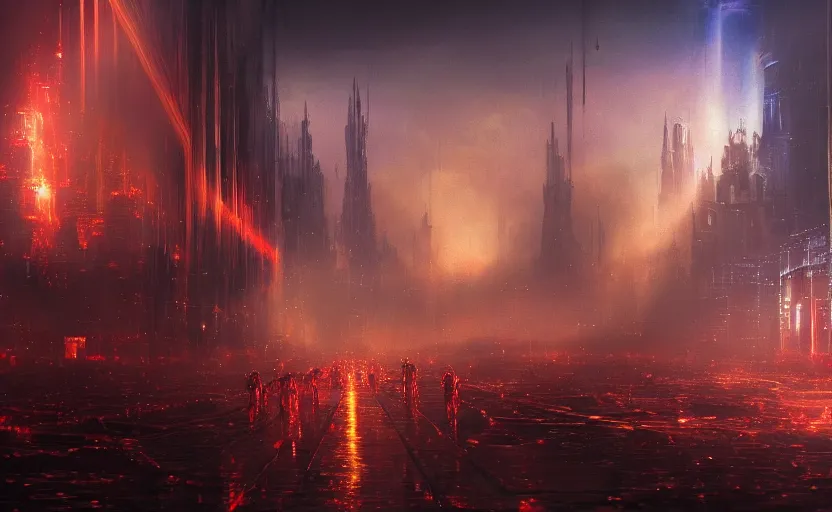 Prompt: the fight between heaven and hell by greg rutkowski and thomas kinkade, trending on artstation., red and gold color scheme, macro up view of a giant human metallic of 1 km of hight walking on the small city, tron, close up bokeh hiperrealistic neon glow darkness dramatic neon f - zero ships, sharp focus, octane render, imax