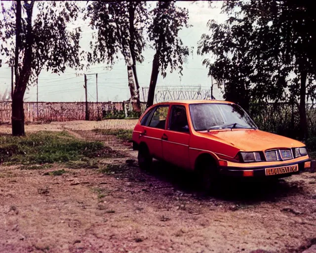 Prompt: a lomographic photo of old polonez polish car standing in typical soviet yard in small town, hrushevka on background, cinestill, bokeh