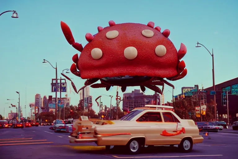 Image similar to 2 0 1 5 cute giant crab terrorizing a city, googie city, americana, fishcore, hd 8 k, photography cinestill