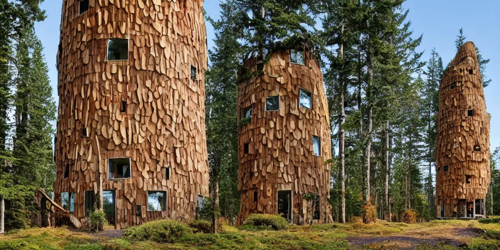 Image similar to tall tower residence made from enormous mushrooms, pacific northwest, round doors