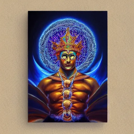 Image similar to the sacred fire spirit king of earth by GEOGLYPHIKS by FABIÁN JIMÉNEZ by MICHAEL DIVINE by AMANDA SAGE in the style of oil painting visionary art, intricate oil painting artwork. , trending on artstation, very coherent symmetrical artwork, oil painting
