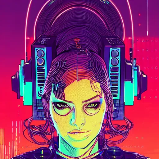 Image similar to a portrait of a beautiful cybernetic woman connected to a synthesizer from hell, wires, cyberpunk concept art by josan gonzales and dan mumford