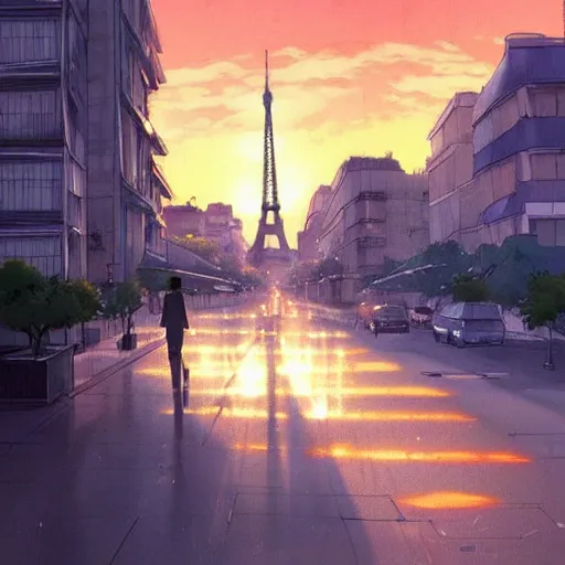 Prompt: beautiful anime sunset Paris cityscape, makoto shinkai