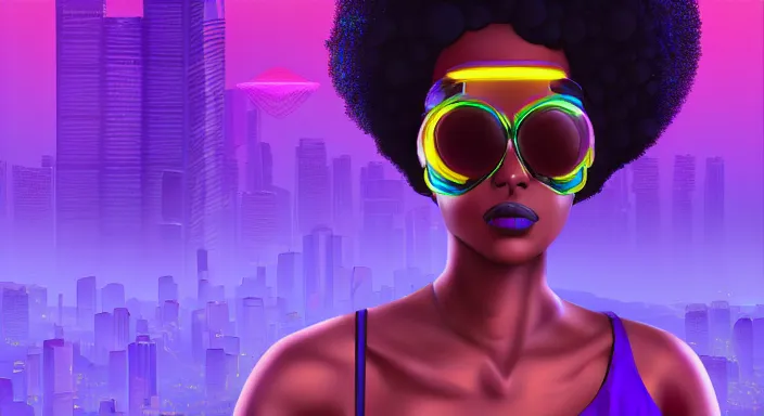 Image similar to portrait of beautiful cyberpunk black woman with afro hair, rio de janeiro pao de acucar corcovado ipanema on the background, blue and purple digital art trending on artstation, beeple, soft lighting, bokeh